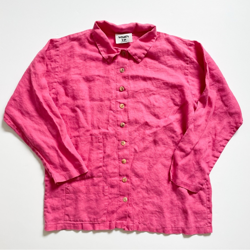 Vintage 100% Linen Oversized Hot Pink Magenta Long Sleeve Button Down Shirt